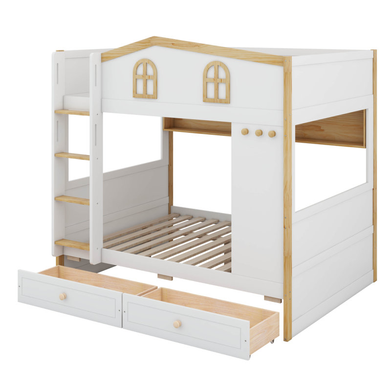 Lit superposé avec garde-corps en forme de maison et tablettes de rangement intégrées, cadre de lit superposé en bois massif avec tiroirs et crochets