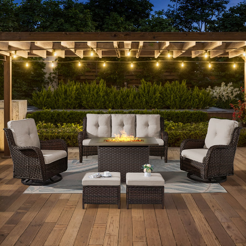 Deb 6-Pieces Outdoor PE Wicker Patio Conversation Set with Fire Pit, Ottomans and Cushions, Beige, Brown