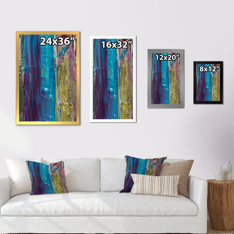 Coups de pinceau bleu clair et blanc III - art moderne et contemporain sur toile, Encadrement argenté