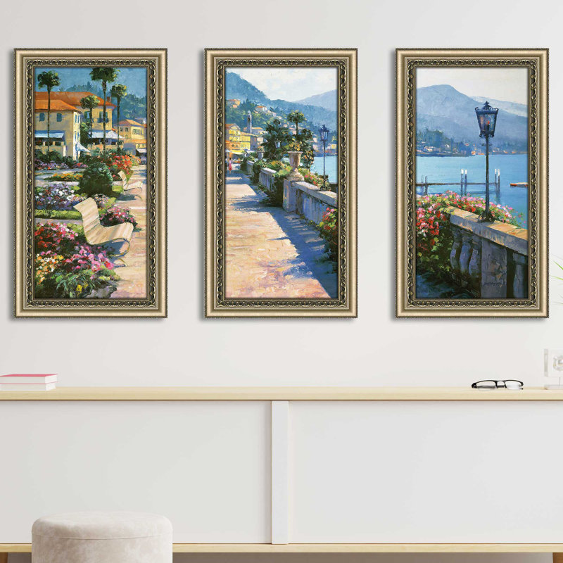 Bellagio Promenade par Howard Behrens - 3 pièces, encadré, H 35,5 po x l 58,5 po x P 0,75 po