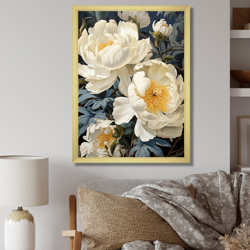 Pivoines botaniques rétro dévoilées sur toile, Encadrement doré, H 44 po x l 34 po x P 1,5 po