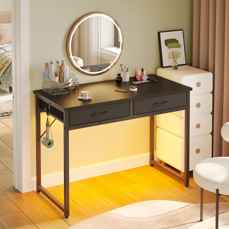 106cm Metal Base Computer Desk With Fabric Drawers & Rgb Led Light, Writing Desk With Hanging Hook, Black