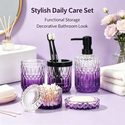 Ensemble d'accessoires de salle de bain en verre embossé (mauve dégradé + noir)