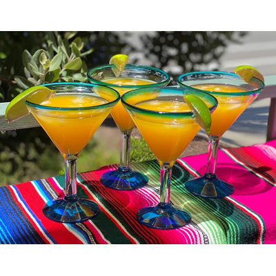 Venito Mexican Hand Blown 12 oz. Aqua Rim Martini Glasses