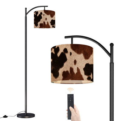 Arc Floor Lamp with Adjustable Lampshade cow leather brown spots light beige Standing Lamp 3 Color Temperatures Dimmable Tall Pole Lamp with Foot Switch for Bedroom
