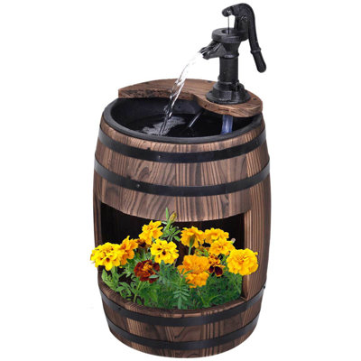 Outsunny 23" H Outdoor Water Fountain Wood And Metal Rustic Apple Barrel Pump Garden Decor For Outside Backyard