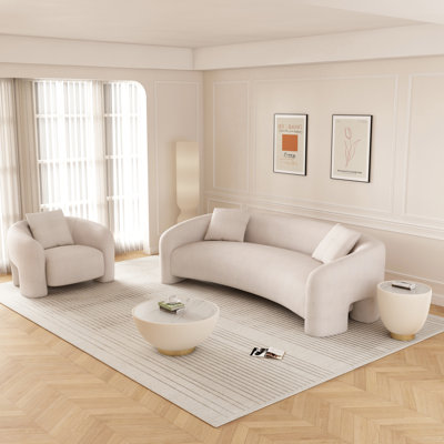 Sylvia 2-Piece Modern Glam Living Room Set with Tweed Upholstered Sofa and Accent Chair in Ivory