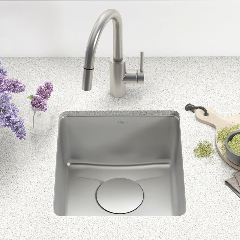 Dex™️ Series KRAUS 17-inch L Undermount Single Bowl TRU16 Gauge Stainless Steel Kitchen Bar Sink with DrainAssure WaterWay