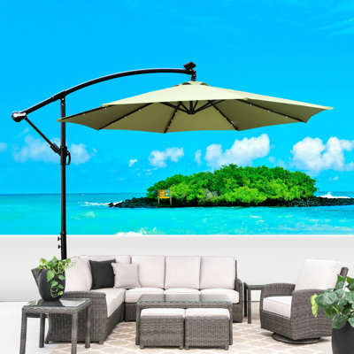 Parasol de terrasse solaire de 3 m avec éclairage LED. Protection solaire imperméable pour piscine. 8 baleines à manivelle et base en croix. Toile. Mât en acier inoxydable. Éclairage à économie d'énergie. Stable. Installation facile. Vert citron.