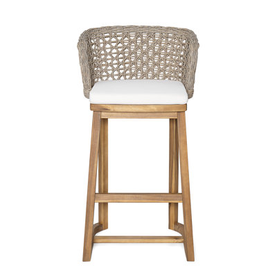 Tabourets de bar d'extérieur en bois d'acacia (4 PCS), chaises de bar à hauteur de teck avec coussin beige et dossier en osier brun clair, tabourets à hauteur de comptoir pour patio, bord de piscine, îlot de cuisine