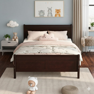 Queen Size Wood Platform Bed With Headboard And Wooden Slat Support, In Espresso Finish.