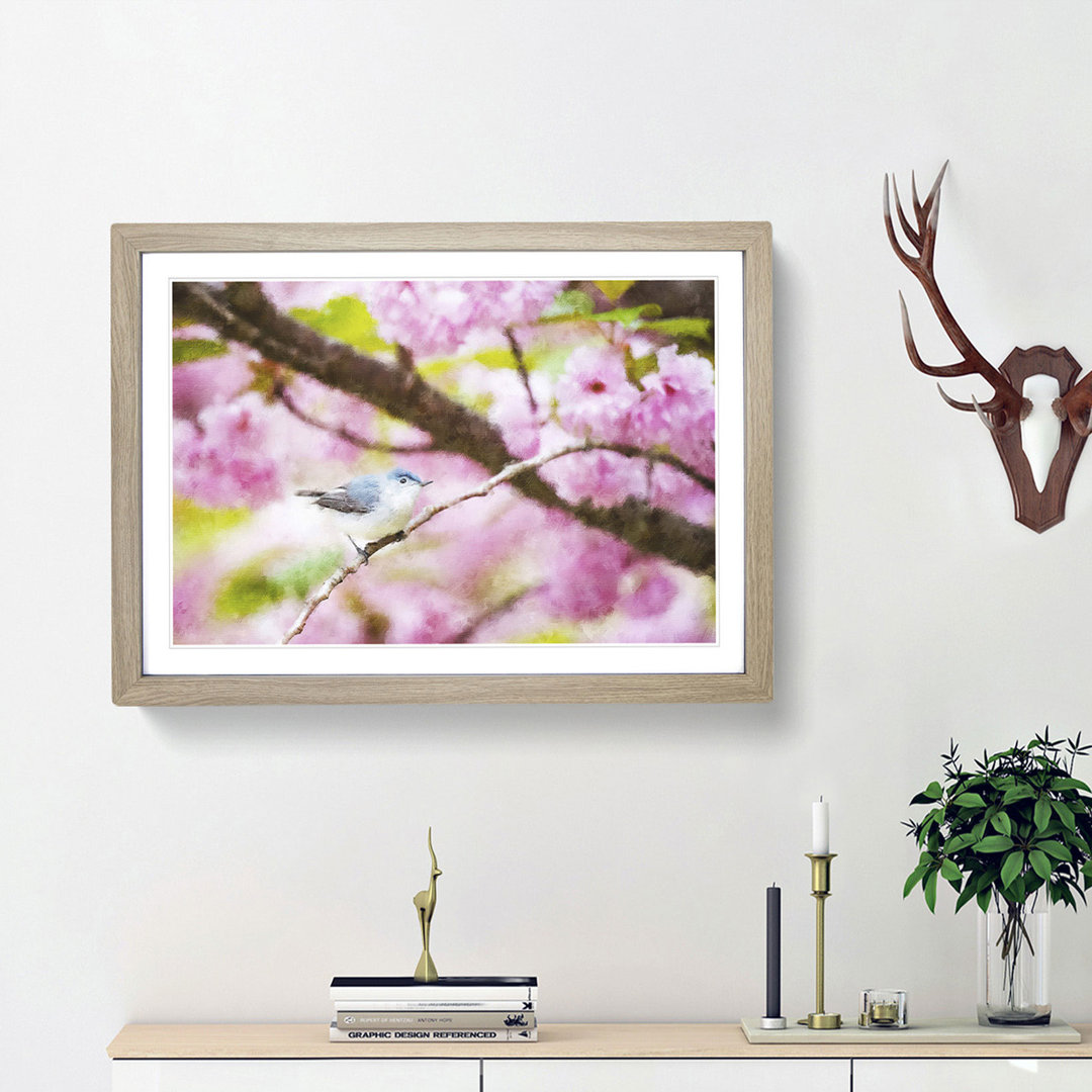 Bird In The Cherry Blossom Tree Painting - Single Picture Frame Print on MDF