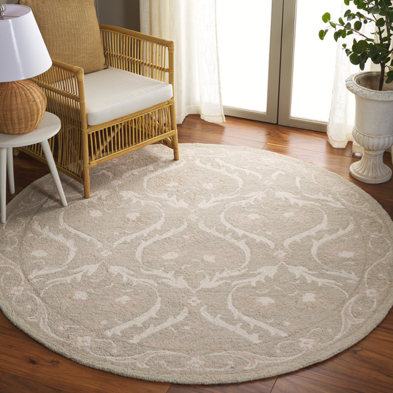 Angeletta Tufted Wool/Cotton Damask Rug in Light Gray/Ivory, Round 6'