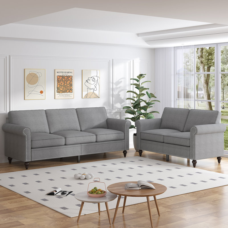 Ensemble de canapé modulaire en lin 2 pièces avec détails de rivets, Gris