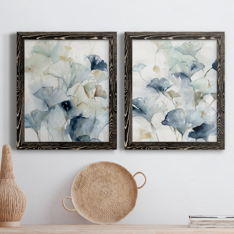 Indigo Ginkgo I - peinture sur toile 2 pièces, H 37,5 po x l 27,5 po x P 1 po, Cadre noir
