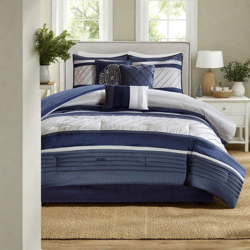Ensemble de literie luxueuse en fausse soie 7 pièces, polyester bleu marine, style traditionnel pour un usage domestique