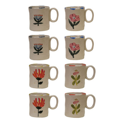 8-Piece Hand-Painted Stoneware Child Size Mug Set With Flower Image