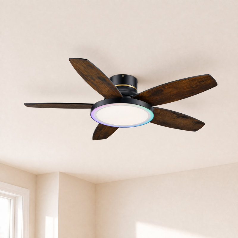 42" 5 - Blade Flush Mount Low Profile Small Room Ceiling Fan with Adjustable RGB Light and Remote, Matte Black/Black