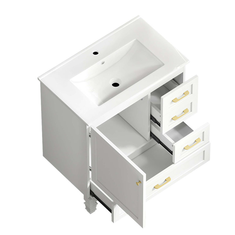 Meuble-lavabo de 30 po, armoire de rangement abondante, 1 porte à fermeture douce et 3 tiroirs, Blanc