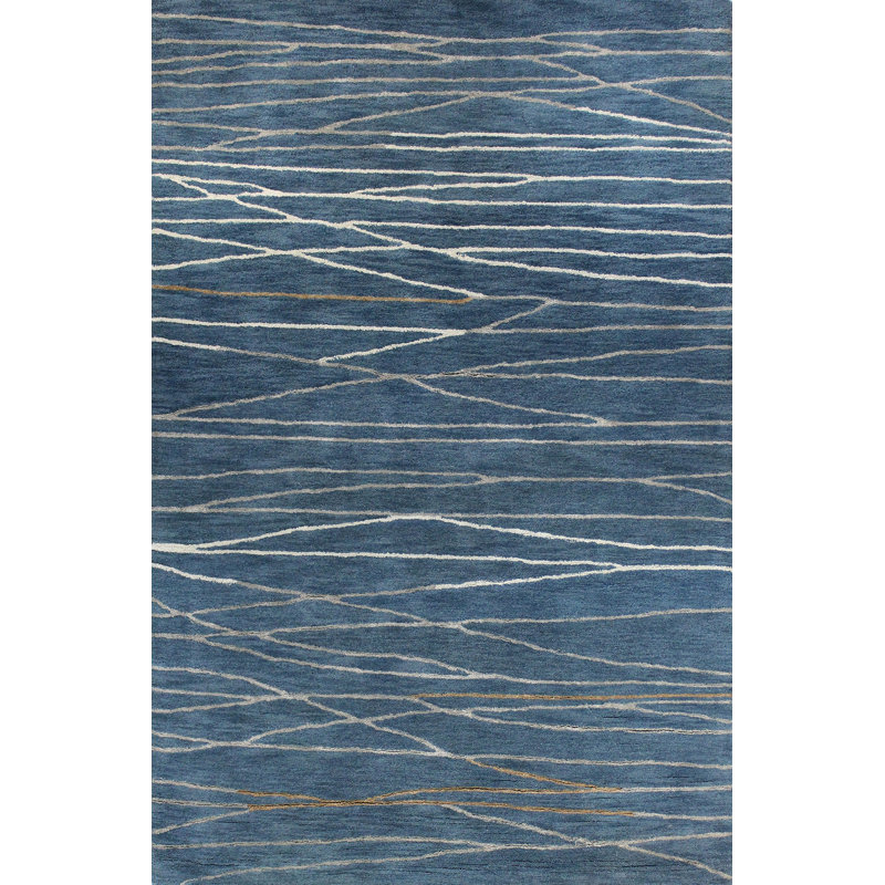 Azure Blue Handmade Wool and Viscose Tufted Rug, 3'9" x 5'9"