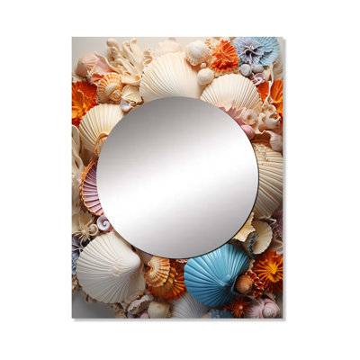 Sashalee Beach Photo Seashell Collage I - Coastal Wall Mirror, Beige Decorative Mirror, Printed Metal Art