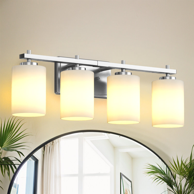Luminaire pour salle de bain 4 lumières à abat-jour en verre à intensité variable, Blanc, Nickel