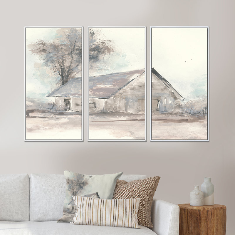 Ensemble de 3 reproductions d'art sur toile encadrées Farmhouse Barn Gray III, H 20 po x l 36 po x P 1 po, Blanc