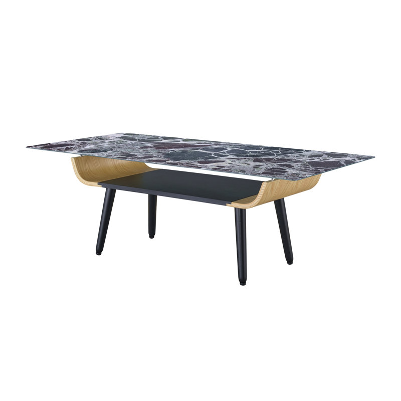 Table basse Landon de 47 po avec plateau en verre marbré noir et bois cintré