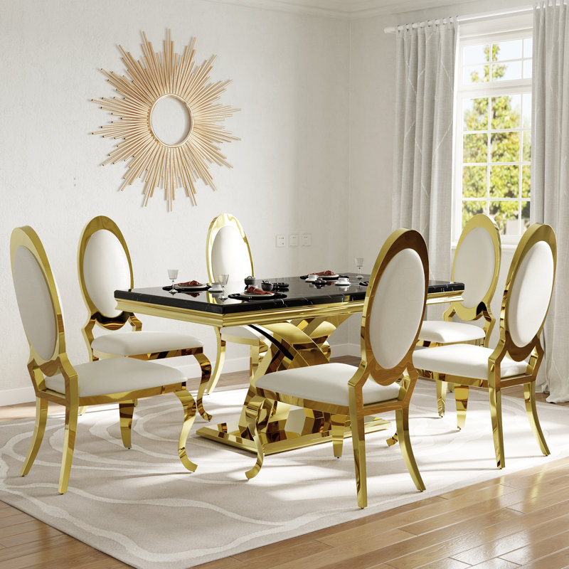 Ensemble de table de salle à manger luxueux en faux marbre et or noir avec 6 chaises en cuir blanches, Blanc / Doré, Doré