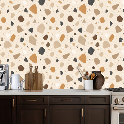 Peel and Stick Wallpaper Terrazzo flooring brown colors Classic italian type Contact Paper Removable Self Adhesive Wall Mural Wall Decor for Bedroom Kitchen Cabinets 17.7in x 118in