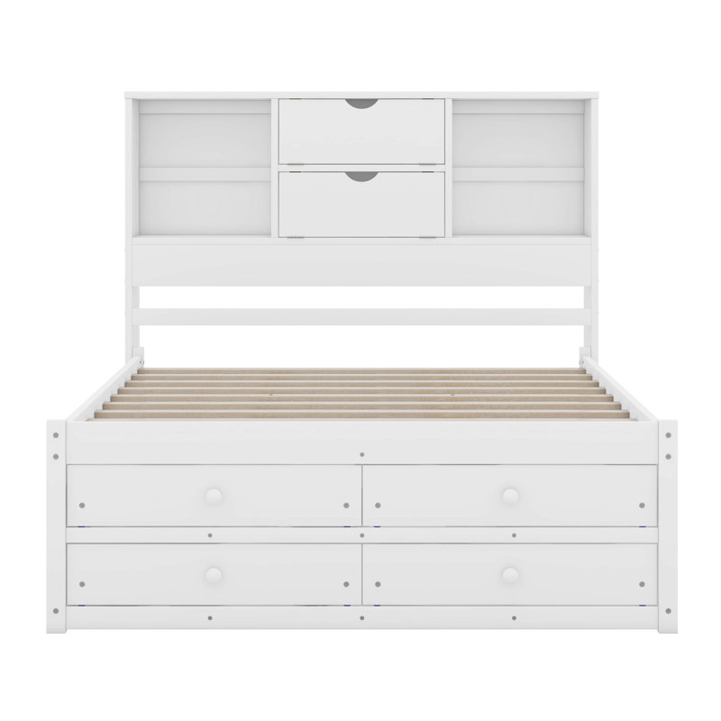 Platform Bed with Storage Headboard And 8 Drawers, Queen, White