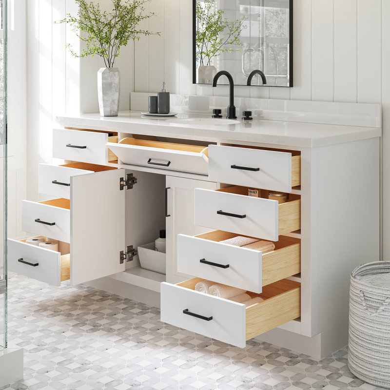 Meuble-lavabo simple en bois massif 66 po avec plateau en quartz blanc Thornaby, Ovale, Blanc