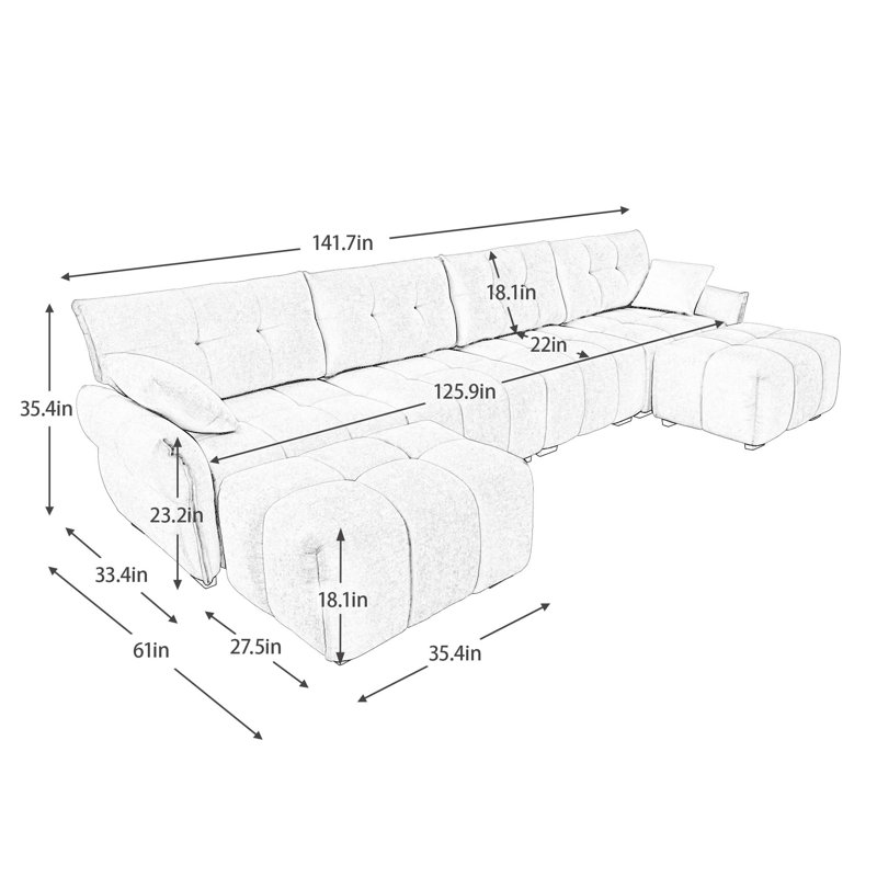 Dengler U-Shaped Chenille Tufted Sectional Sofa with 2 Ottomans & Pillows, Orange Chenille, 141.7" W