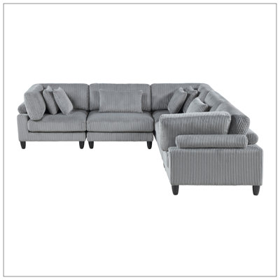 6Pc Modular Sectional Set Gray Corduroy Upholstery 3X Armless Chairs 3X Corner Seats Soft Pillows Living Room Furniture