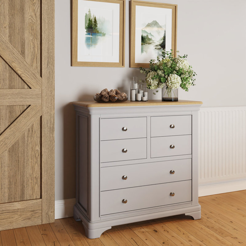 Joulon 6 Drawer Chest of Drawers. 4 + 2 Configuration. Solid Wood. Oak Top. Fully Assembled., Dove Grey