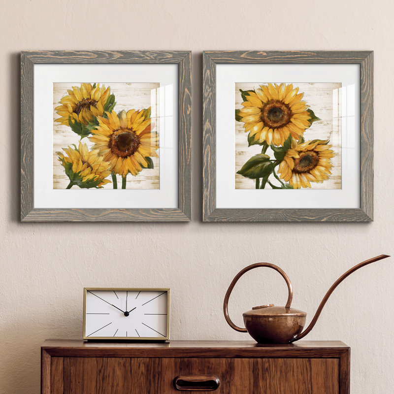 Tournesol d'été I - ensemble de 2 peintures, Papier dans un cadre photo, H 17 po x l 34 po, Gris