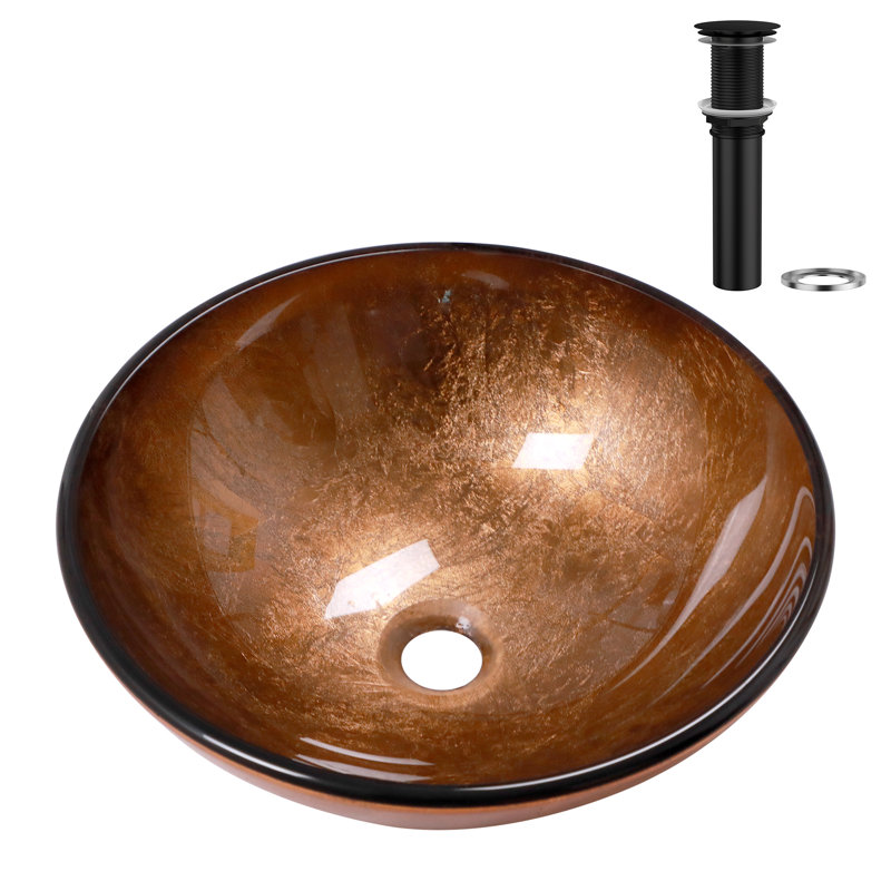15" L x 15" W Glass Bathroom Vessel Sink Round Tempered Glass Art Basin Above Counter Bathroom Sink, Antique Brass