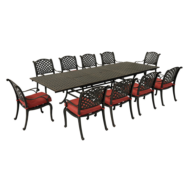 Annecorinne 10 - Person Patio Dining Set with Rectangular Table , Cushions Included, Navy Blue, Dark Lava Bronze