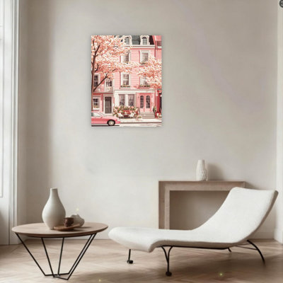 Pastel Pink Cherry Blossom Townhouse Unframed Canvas Wall Art  24" X 36"
