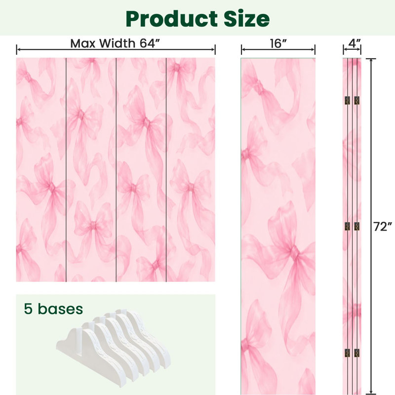 Cloison pliante 4 panneaux à paravent en toile rose pastel, 4, 71" H x 64" W x 1" D