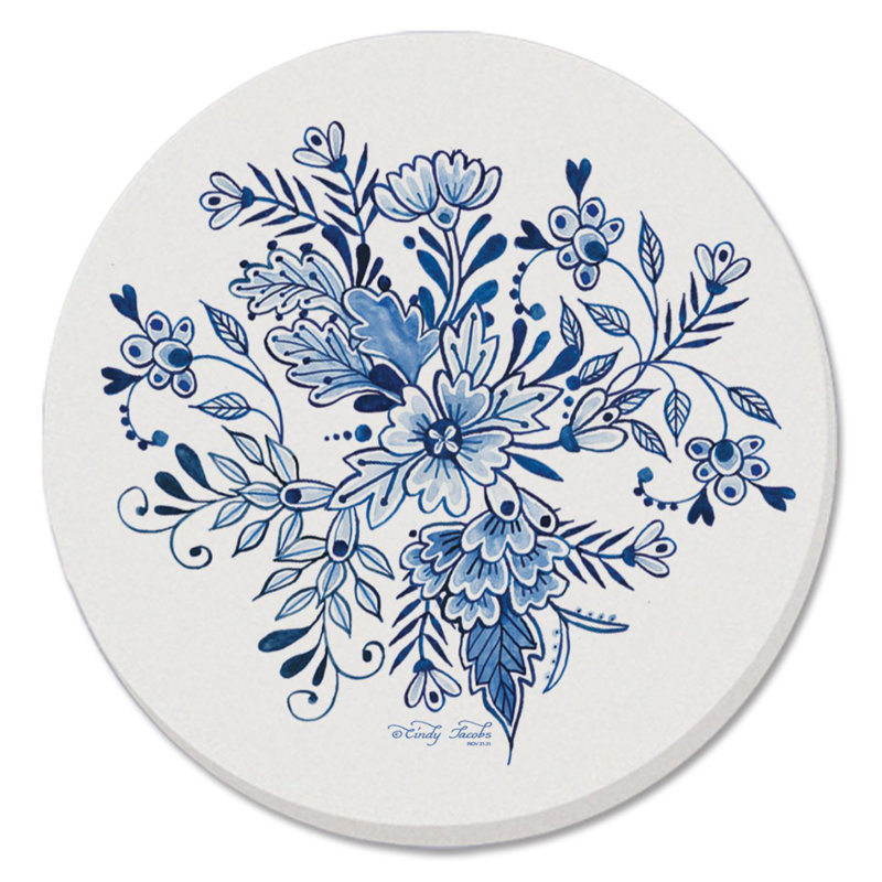 Blue & White Floral 4 Pack Round Absorbent Stone Coasters