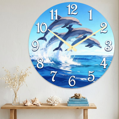 Landscape & Nature Dolphins Leaping Ocean Waves Blue Sky Background Ultra Clear Glass Wall Clock