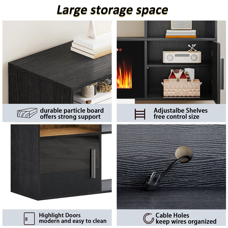 Alazik Floating TV Stand with 36" Electric Fireplace, Black/Black