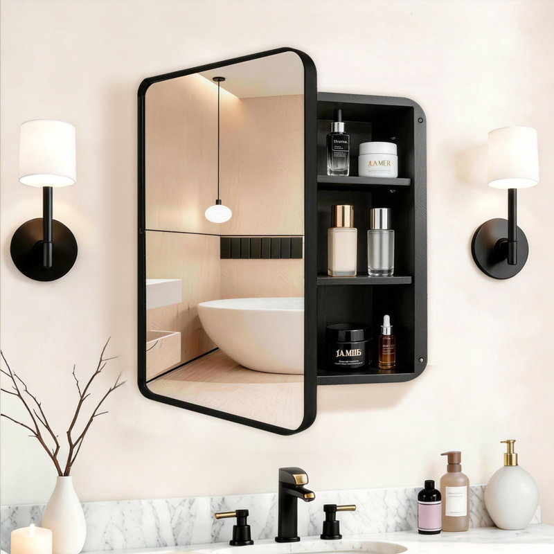 Armoire à pharmacie noire avec miroir, armoire de salle de bain encastrée ou à fixation en surface avec tablettes réglables