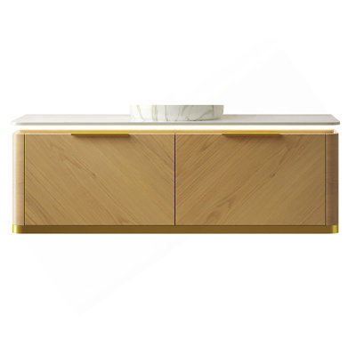 Comptoir de 48 po en bois fritté blanc de Carrare mural et armoire en contreplaqué de grain de bois de chêne Corolla, sans bassin, sans couvercle de robinet et d'évier