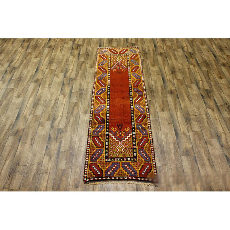 Tapis de couloir unique rouge / bourgogne en laine noué à la main de conception unique 3 pi 1 po x 11 pi 4 po Senac