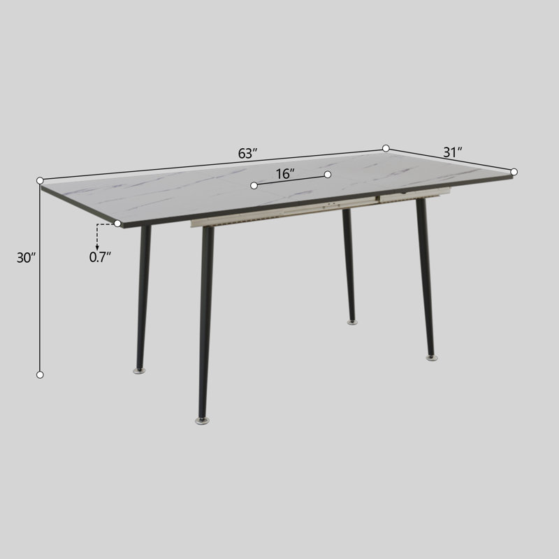 Table extensible de 47 po à 63 po, marbre blanc éclatant, industrielle moderne pour la cuisine et la salle à manger, avec des pieds en métal effilés noirs