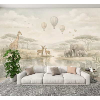 Peel and Stick Wallpaper African Landscape Giraffe Antelopes Elephants Monochrome Style Nursery Wall Murals 100"H x 144"W Removable PVC Wall Paper Self-Adhesive Wall Decor for Bedroom Living Room Home Office