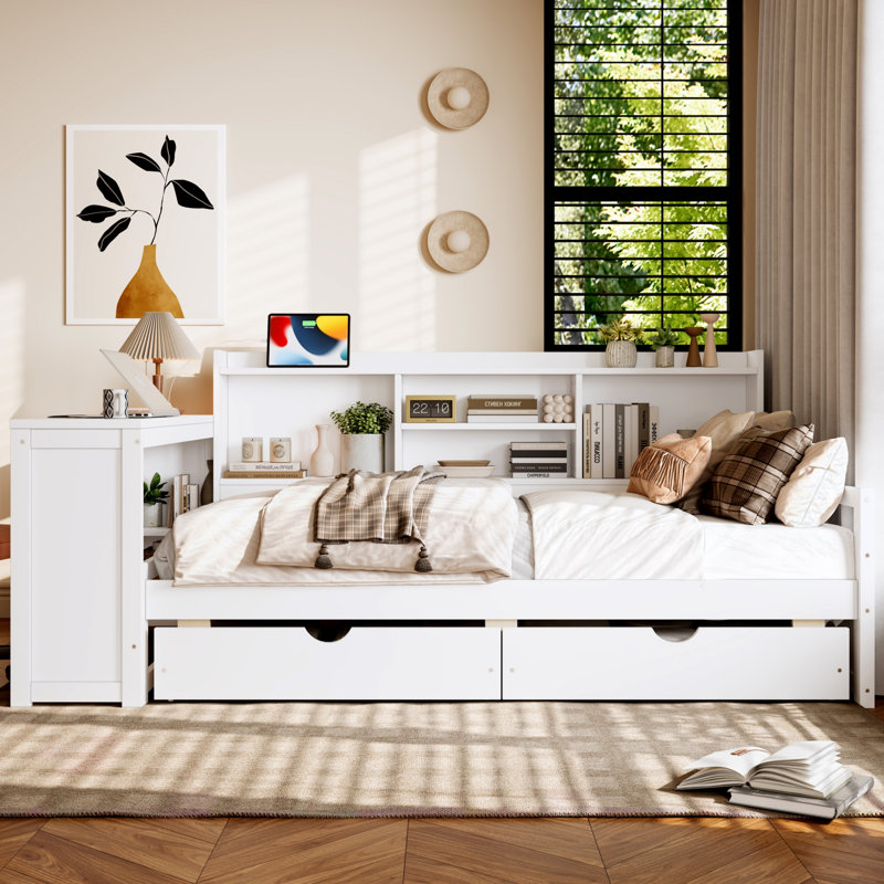 Lit de jour simple en bois massif avec tiroirs de rangement, bureau, port de charge et bibliothèque, White