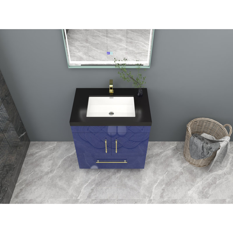Ensemble de meuble-lavabo simple 30 po Camoni, Bleu nuit brillant, Or mat